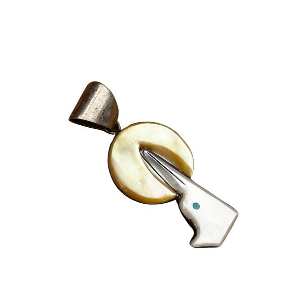 Sterling Silver Mother of Pearl Wolf Howling at Moon Pendant - Picture 2 of 5